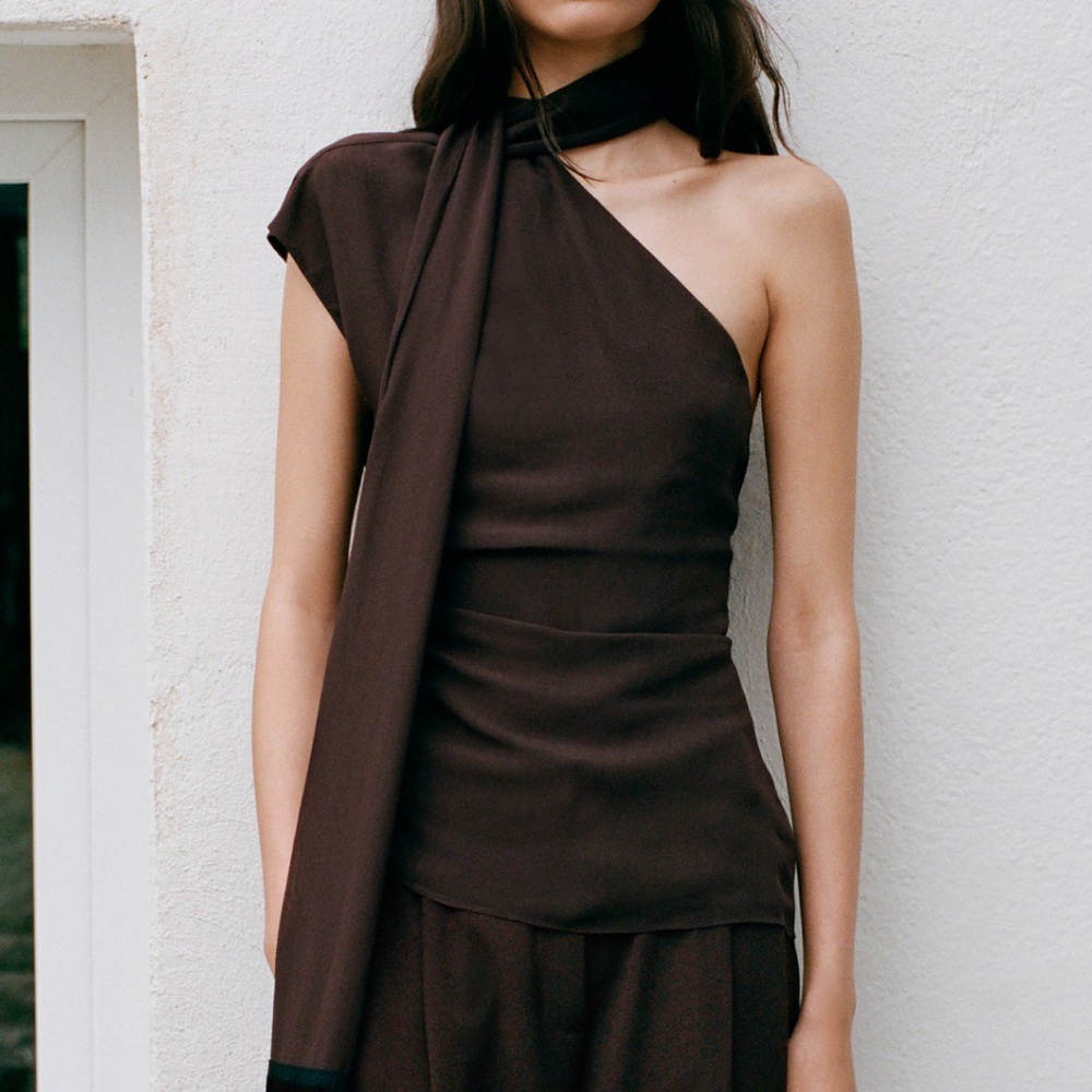 Mango One-Shoulder Brown Draped Dress